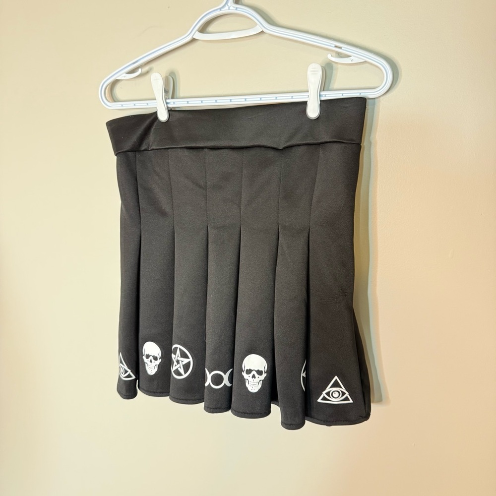 BODY RAGE Black Pleated Mini Skirt Occult Mystic Goth Skulls Festival Sz Large - Picture 8 of 12